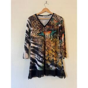 Vintage Bellissima Boho Chic Rain Forest Tunic Top M 3/4 Sleeve V-Neck Grommet